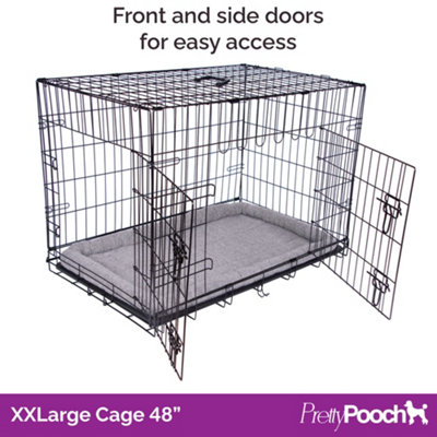 Pretty Pooch Dog Cage XXL Crate Puppy Cat Pet Training Crate Metal Folding with Tray Double Door and Bed 48"