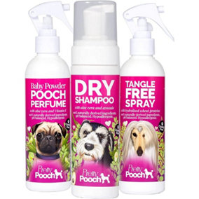 Pretty Pooch Grooming on the Go Grooming Kit Set - 250ml Dry Shampoo, 250ml Baby Powder Perfume & 250ml Detangling Spray