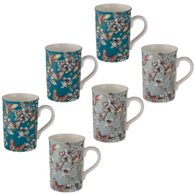 Price & Kensington Set of 6 Hummingbird Floral Teal & Duckegg Mug 300ml