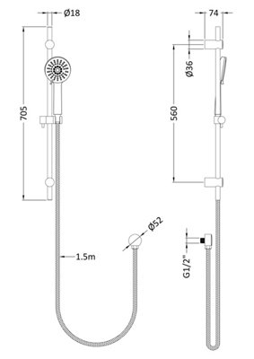 Pride Wall Mount Thermostatic Bath Shower Mixer Tap with Multi Function Slide Rail Kit - Chrome - Balterley - 3