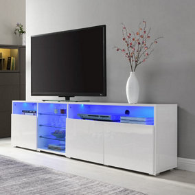Prieto TV Stand With Storage for Living Room and Bedroom, 2000 Wide, LED Lighting, Media Storage, White High Gloss Finish