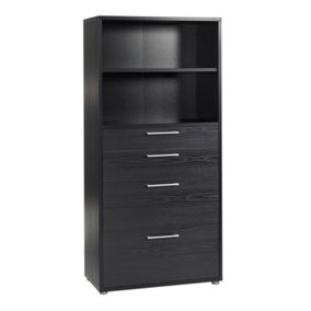 Prima Bookcase 1 Shelf With 2 Drawers + 2 File Drawers In Black Woodgrain