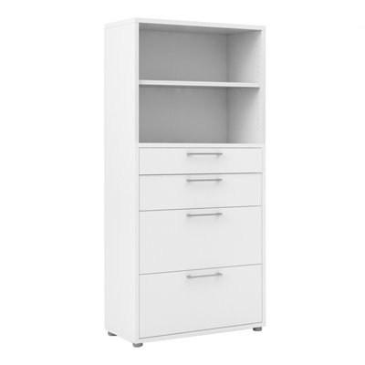 Prima Bookcase 1 Shelf With 2 Drawers + 2 File Drawers In White