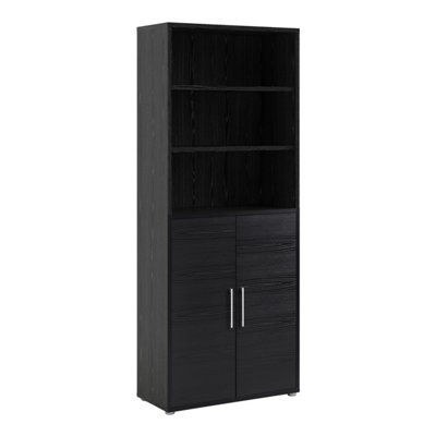 Prima Bookcase 5 Shelves with 2 Doors in Black woodgrain