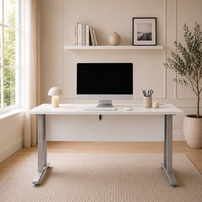Prima Desk 150 cm in White with Silver grey steel legs