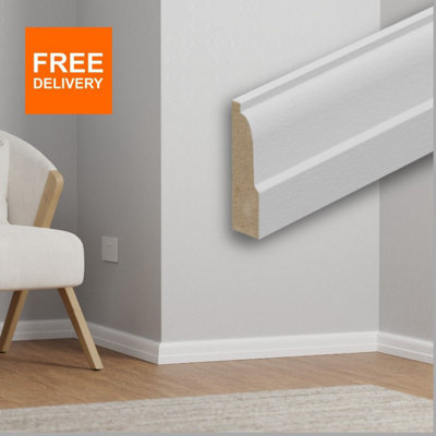 Primed White Lambs Tongue MDF Skirting Board 68mm x 18mm x 4m Lengths.  Pack of 4 lengths