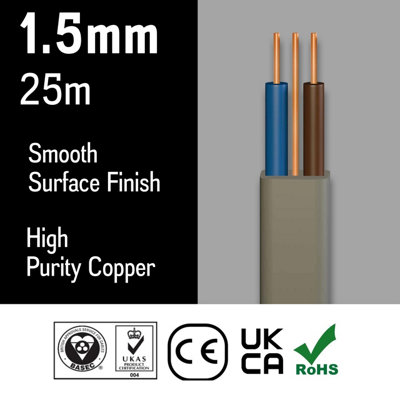 Primes DIY Electric Socket wire cable 1.5mm Twin and Earth Flat Grey PVC Lighting Electric Cable 6242Y BASEC Approved (25 Metre)
