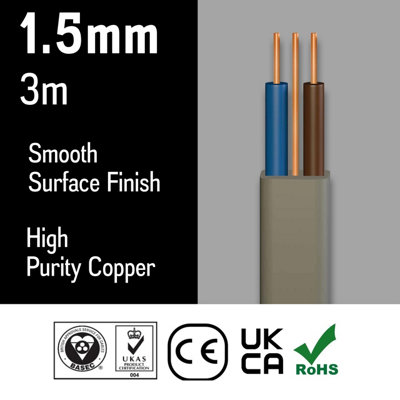 Primes DIY Electric Socket wire cable 1.5mm Twin and Earth Flat Grey PVC Lighting Electric Cable 6242Y BASEC Approved (3 Meter)