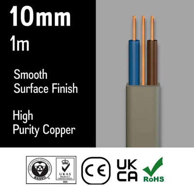 Primes DIY Electric Socket wire cable 10mm Twin and Earth Flat Grey PVC Lighting Electric Cable 6242Y BASEC Approved (1 Meter)