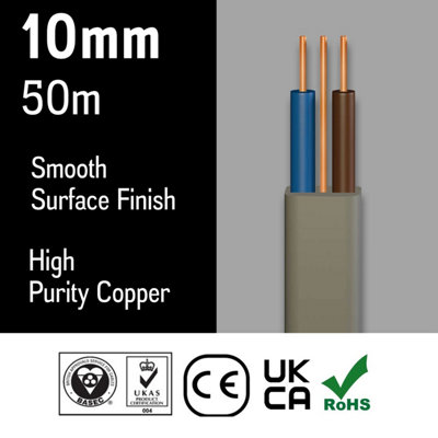 Primes DIY Electric Socket wire cable 10mm Twin and Earth Flat Grey PVC Lighting Electric Cable 6242Y BASEC Approved (50 Meter)