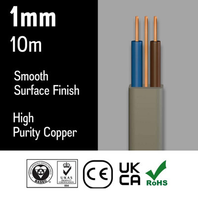 Primes DIY Electric Socket wire cable 1mm Twin and Earth Flat Grey PVC Lighting Electric Cable 6242Y BASEC Approved (10 meter)