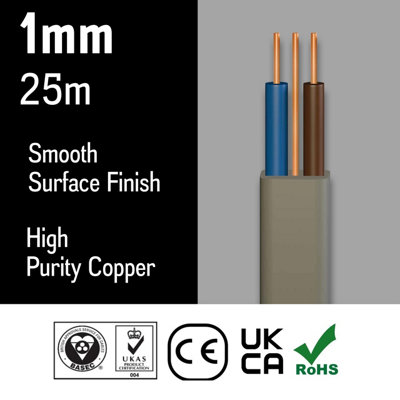 Primes DIY Electric Socket wire cable 1mm Twin and Earth Flat Grey PVC Lighting Electric Cable 6242Y BASEC Approved (25 Metre)
