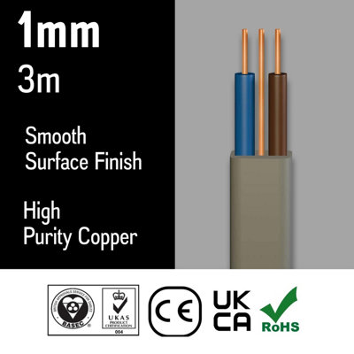 Primes DIY Electric Socket wire cable 1mm Twin and Earth Flat Grey PVC Lighting Electric Cable 6242Y BASEC Approved (3 meter)