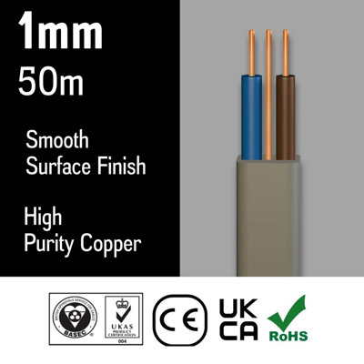 Primes DIY Electric Socket wire cable 1mm Twin and Earth Flat Grey PVC Lighting Electric Cable 6242Y BASEC Approved (50 Metre)