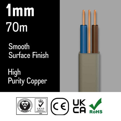 Primes DIY Electric Socket wire cable 1mm Twin and Earth Flat Grey PVC Lighting Electric Cable 6242Y BASEC Approved (70 Metre)