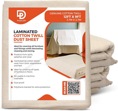 PRIMES DIY Laminated Twill Professional Quality Dust Sheet 12 x 9 ft, Heavy Weight Cotton Painting & Decorating, Durable,  5PCS