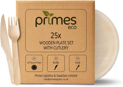 PRIMES ECO 10 Inch - 25pcs Disposable Palm Leaf Plates and Wooden Cutlery Set 1 Box
