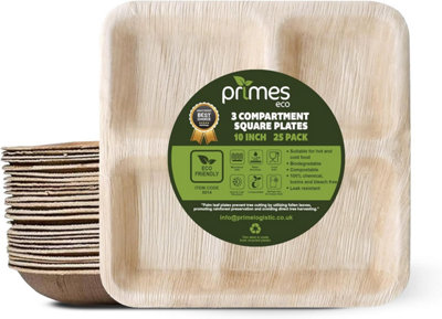 PRIMES ECO 10 x 10 Inch Areca Leaf Square Plates, Heavy Duty Biodegradable Plates 3 Compartment Plates, Eco Friendly (100 PCS)