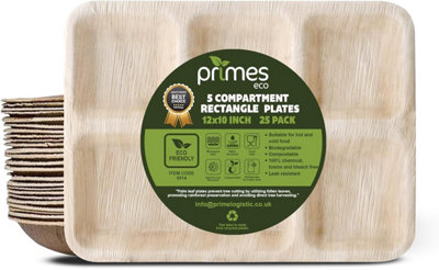 PRIMES ECO 12 x 10 Inch Areca Leaf Rectangular Plates, Heavy Duty Biodegradable Plates 5 Compartment Plates, Eco Friendly(100 PCS)
