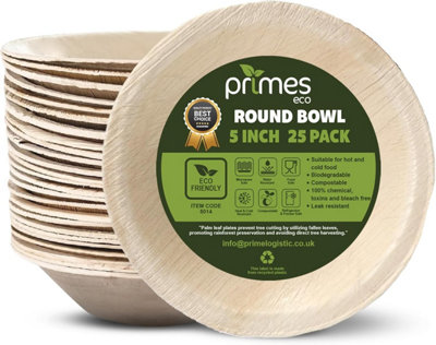 PRIMES ECO 5 Inch - Disposable Palm Leaf Round Bowls, Small Compostable Bowls, Soup Salad BowlMicrowave  Oven Safe(50PCS)