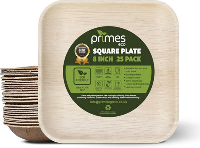 PRIMES ECO 8 Inch - Disposable Palm Leaf Large Square Plates, Eco Friendly Biodegradable Compostable Plates (50 PCS)