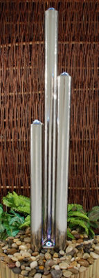 Primrose 3 Polished Tubes Stainless Steel Metal Water Feature with Lights Indoor Outdoor  H121cm