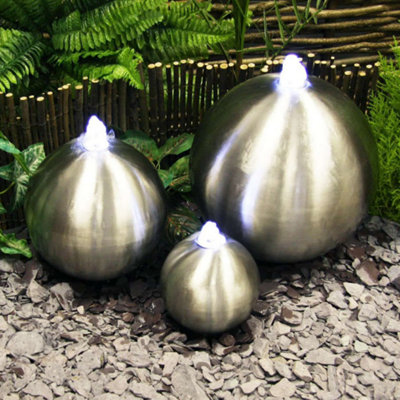 Primrose 3-Sphere Brushed Stainless Steel Water Feature with Lights Indoor Outdoor H30cm