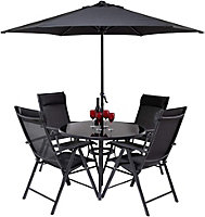 Primrose 4 Seater Dining Set Garden Furniture With Parasol Reclining Chairs Glass Table In Black
