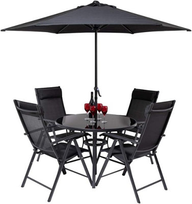 Primrose 4 Seater Dining Set Garden Furniture With Parasol Reclining Chairs Glass Table In Black