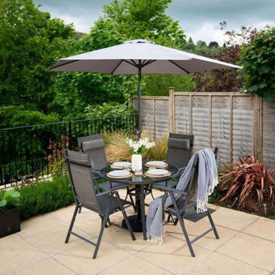 Primrose 4 Seater Dining Set Garden Furniture With Parasol Reclining Chairs Glass Table In Grey