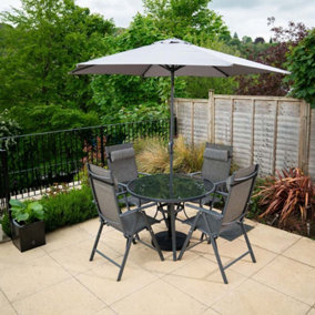 Primrose 4 Seater Dining Set Garden Furniture With Parasol Reclining Chairs Glass Table In Grey