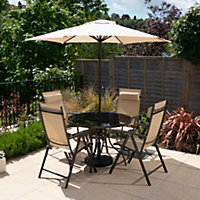 Primrose 4 Seater Dining Set Garden Furniture With Parasol Reclining Chairs Glass Table In Mocha
