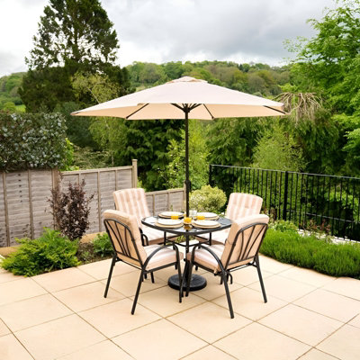 Primrose 4 Seater Garden Furniture Dining Set with Reversible Cushions and Crank Parasol in Beige