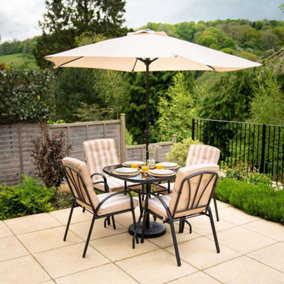 Primrose 4 Seater Garden Furniture Dining Set with Reversible Cushions and Crank Parasol in Beige