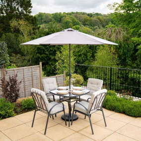 Primrose 4 Seater Garden Furniture Dining Set with Reversible Cushions and Crank Parasol in Grey