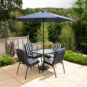 Primrose 4 Seater Garden Furniture Dining Set with Reversible Cushions and Crank Parasol in Navy