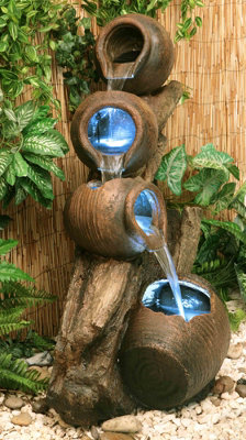 Primrose 4-Tier Oil Jar Cascading Brown Outdoor Patio Garden Water Feature with Lights H81cm