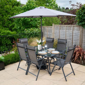 Primrose 6 Seater Dining Set Garden Furniture With Parasol Reclining Chairs Glass Table In Grey