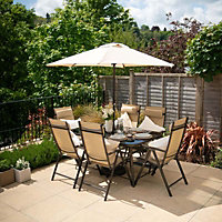 Primrose 6 Seater Dining Set Garden Furniture With Parasol Reclining Chairs Glass Table In Mocha