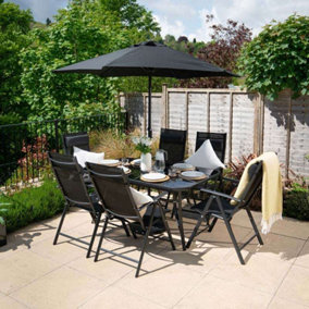 Primrose 6 Seater Garden Furniture Dining Set With Parasol Reclining Chairs Glass Table In Black