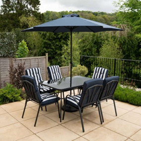Primrose 6 Seater Garden Furniture Dining Set with Reversible Cushions and Crank Parasol in Navy