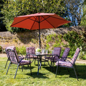 Primrose 6 Seater Garden Furniture Dining Set with Reversible Cushions and Crank Parasol in Wine