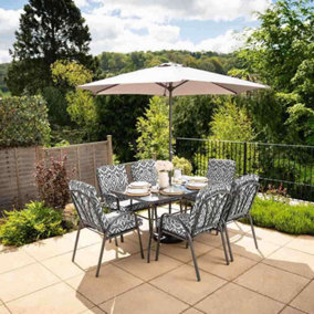 Primrose 6 Seater Garden Patio Dining Furniture Set with Crank Parasol in Grey Pattern