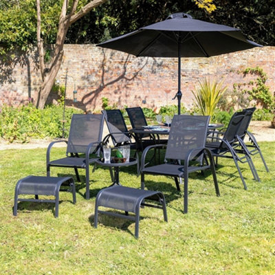 Primrose 6 Seater Leisure Dining Set Garden Furniture With Parasol Reclining Chairs Glass Table In Black