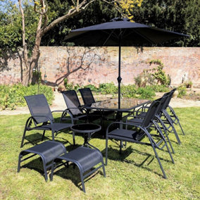 Primrose 6 Seater Leisure Dining Set Garden Furniture With Parasol Reclining Chairs Glass Table In Black