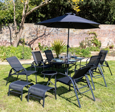 Primrose 6 Seater Leisure Dining Set Garden Furniture With Parasol Reclining Chairs Glass Table In Grey DIY at B Q