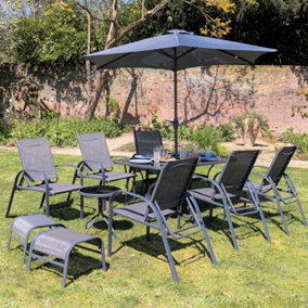 Primrose 6 Seater Leisure Dining Set Garden Furniture With Parasol Reclining Chairs Glass Table In Grey