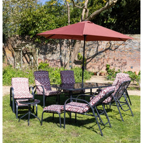 Primrose 6 Seater Reclining Garden Furniture Dining Set with Reversible Cushions and Crank Parasol in Wine