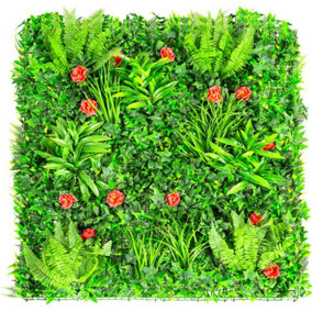 Primrose Artificial Mixed Plants Red Rose Green Wall Hedge Panel 1m x 1m