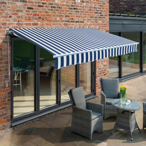 Primrose Awnings 2.0m x 1.5m Retractable Manual Blue & White Awning Outdoor Patio Canopy
